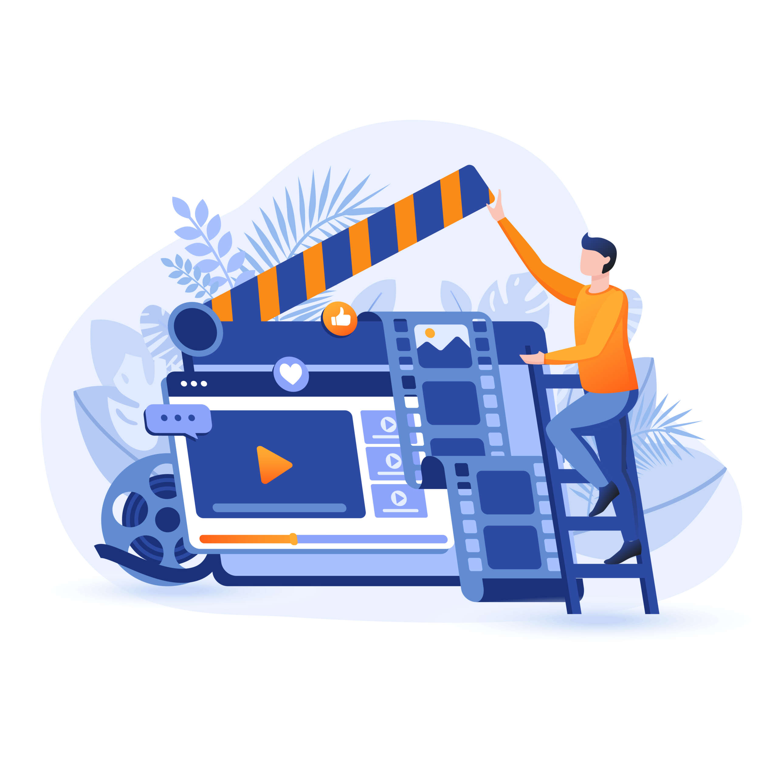 Video marketing scene. Man on huge clapperboard, creation of films and commercials. Promotion on social networks using video content concept. Vector illustration of people characters in flat design